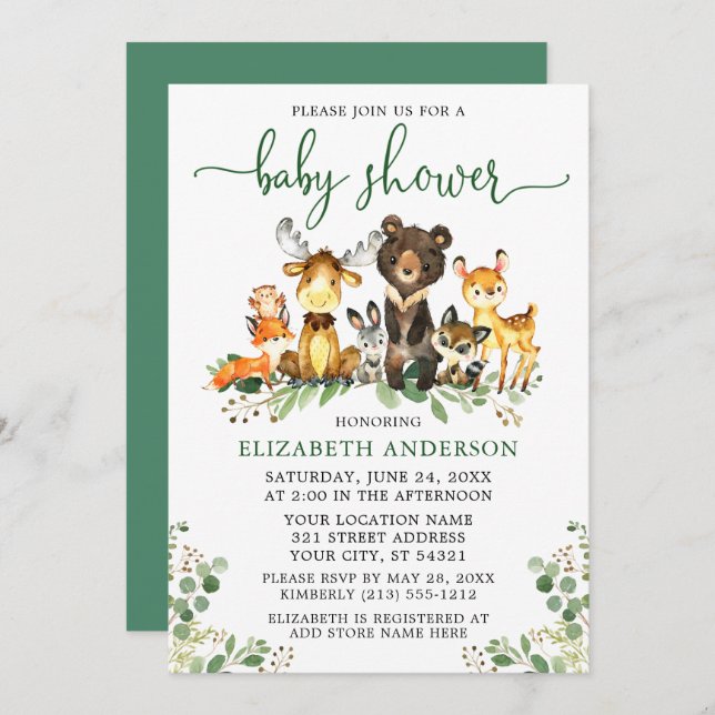 Invitación Watercolor Woodland Animals Green Script Shower (Anverso / Reverso)