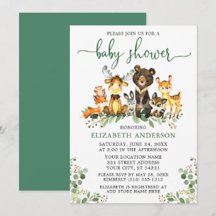 Invitación Watercolor Woodland Animals Green Script Shower