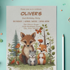 Invitación Watercolor Woodland Animals Greenery 2º cumpleaños