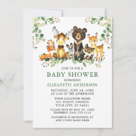 Invitación Watercolor Woodland Animals Greenery Baby Shower