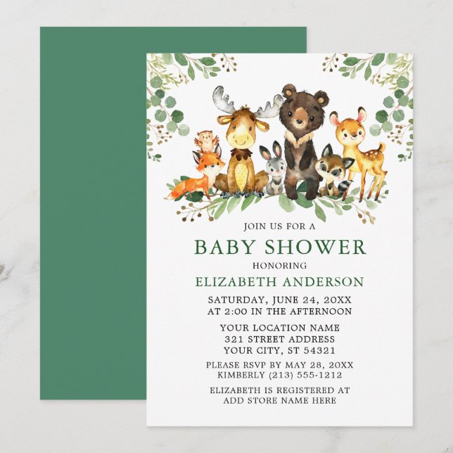Invitación Watercolor Woodland Animals Greenery Baby Shower (Anverso / Reverso)