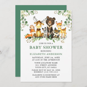 Invitación Watercolor Woodland Animals Greenery Baby Shower