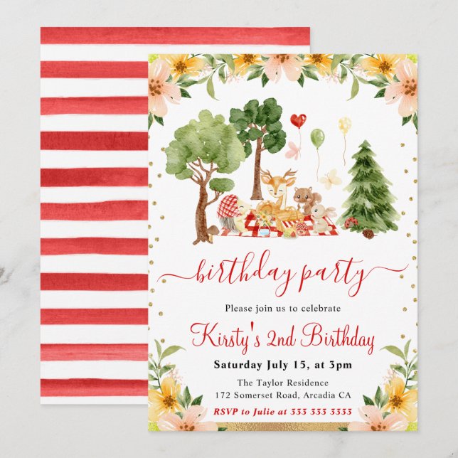 Invitación Watercolor Woodland Animals Nacimiento Picnic (Anverso / Reverso)