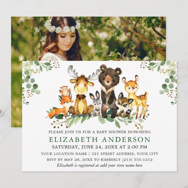 Invitación Watercolor Woodland Animals Photo Shower (Anverso / Reverso)