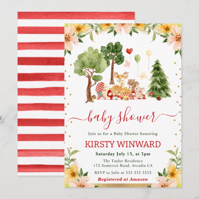 Invitación Watercolor Woodland Animals Picnic Baby Shower (Anverso / Reverso)