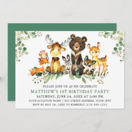 Invitación Watercolor Woodland Animals Primer Cumpleaños