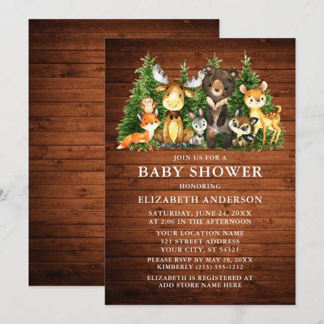 Invitación Watercolor Woodland Animals Rustic Wood Shower (Anverso / Reverso)