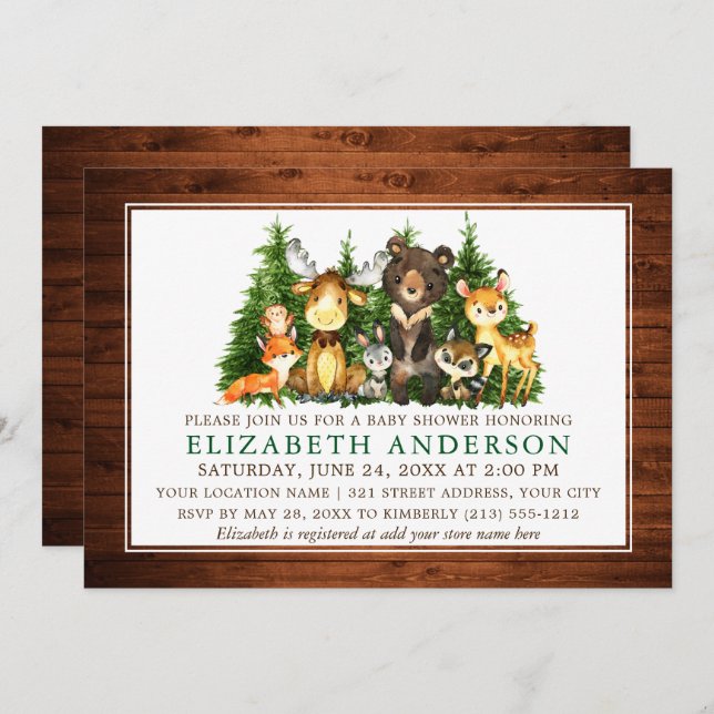 Invitación Watercolor Woodland Animals Rustic Wood Shower (Anverso / Reverso)