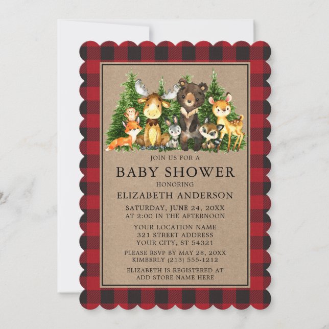 Invitación Watercolor Woodland Animals Shower Kraft Plaid (Anverso)