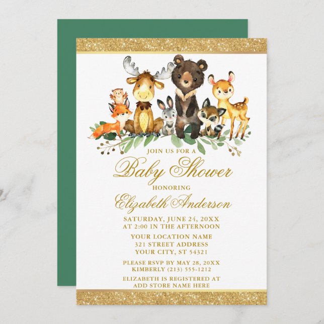 Invitación Watercolor Woodland Animals Shower Purpurina Gold (Anverso / Reverso)