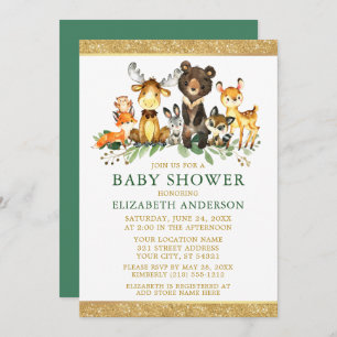 Invitación Watercolor Woodland Animals Shower Purpurina Green