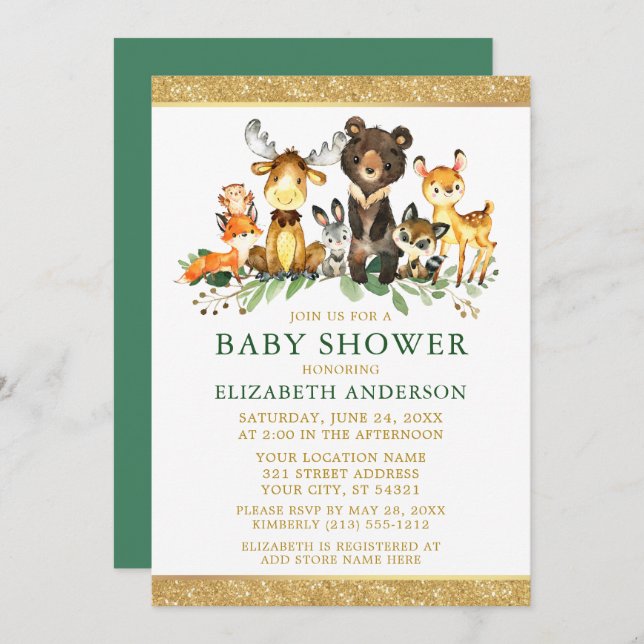 Invitación Watercolor Woodland Animals Shower Purpurina Green (Anverso / Reverso)