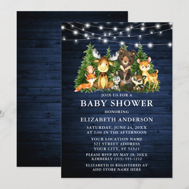 Invitación Watercolor Woodland Animals Shower Wood Lights (Anverso / Reverso)