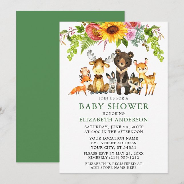 Invitación Watercolor Woodland Animals Sunflower Baby Shower (Anverso / Reverso)