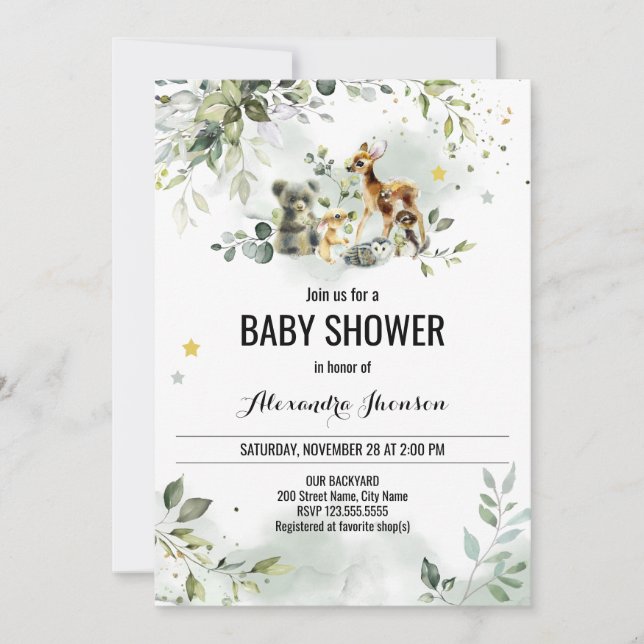 Invitación Watercolor Woodland Baby Shower (Anverso)