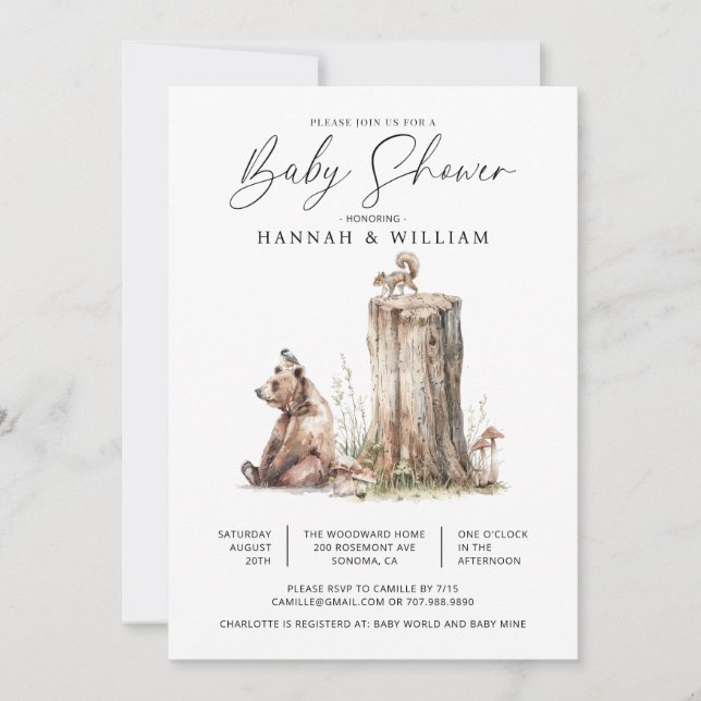 Invitación Watercolor Woodland Bear Baby Shower (Anverso)
