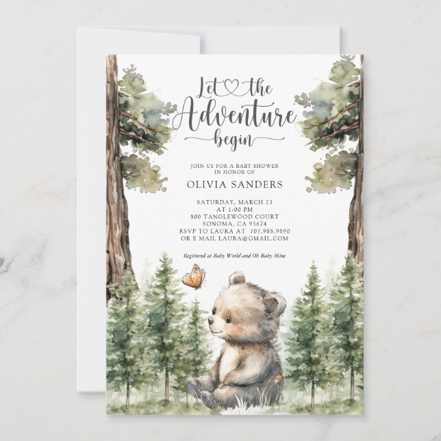 Invitación Watercolor Woodland Bear Baby Shower (Anverso)