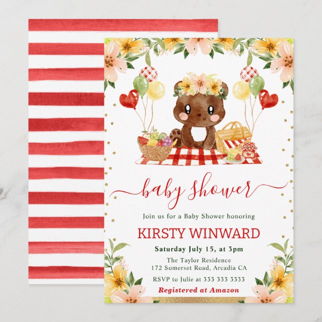 Invitación Watercolor Woodland Bear Picnic Baby Shower (Anverso / Reverso)