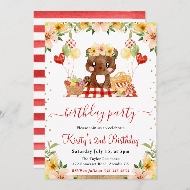 Invitación Watercolor Woodland Bear Picnic Birday (Anverso / Reverso)