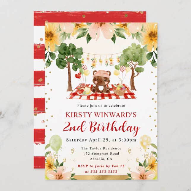 Invitación Watercolor Woodland Bear Picnic Kids Cumpleaños (Anverso / Reverso)