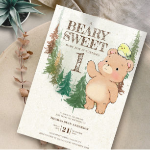 Invitación Watercolor Woodland Beary Sweet 1er cumpleaños