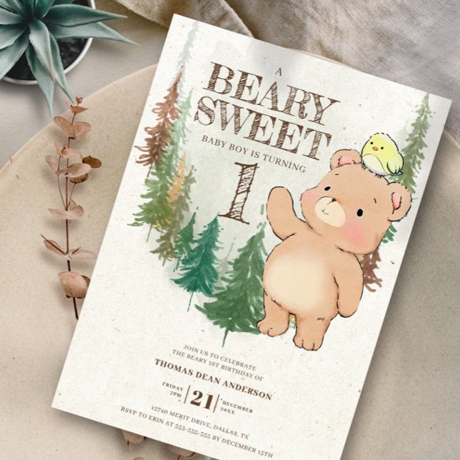 Invitación Watercolor Woodland Beary Sweet 1er cumpleaños (Subido por el creador)