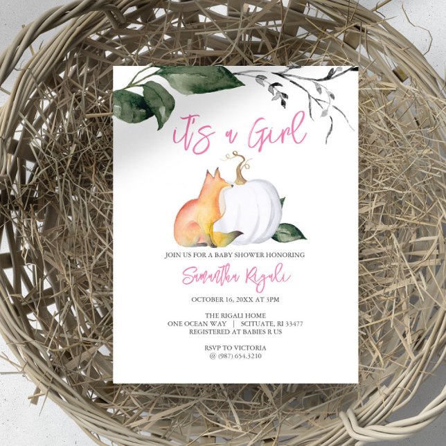 Invitación Watercolor Woodland Cae Baby Shower tema (Autumn-themed baby shower invites woodland fox and white pumpkin girl Design by Victoria Grigaliunas)
