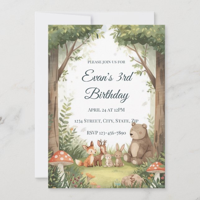 Invitación Watercolor Woodland Creatures Birthday Invite (Anverso)