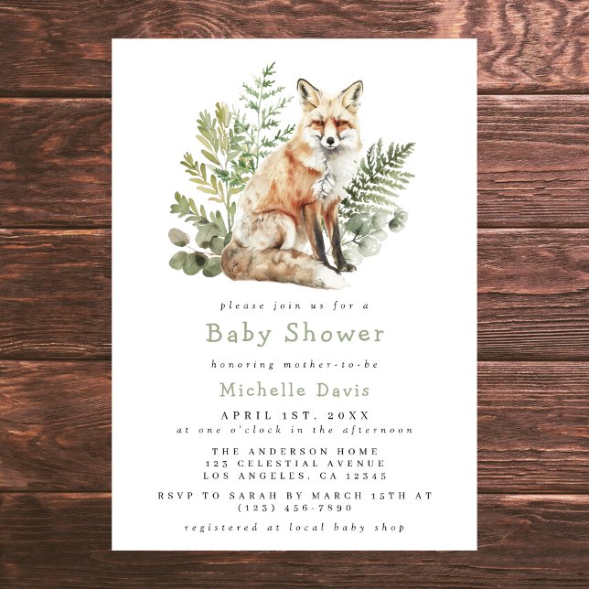 Invitación Watercolor Woodland Fox Baby Shower (Subido por el creador)