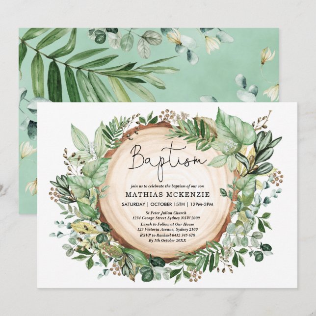 Invitación Watercolor Woodland Greenery Baptism Christening (Anverso / Reverso)