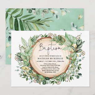 Invitación Watercolor Woodland Greenery Baptism Christening