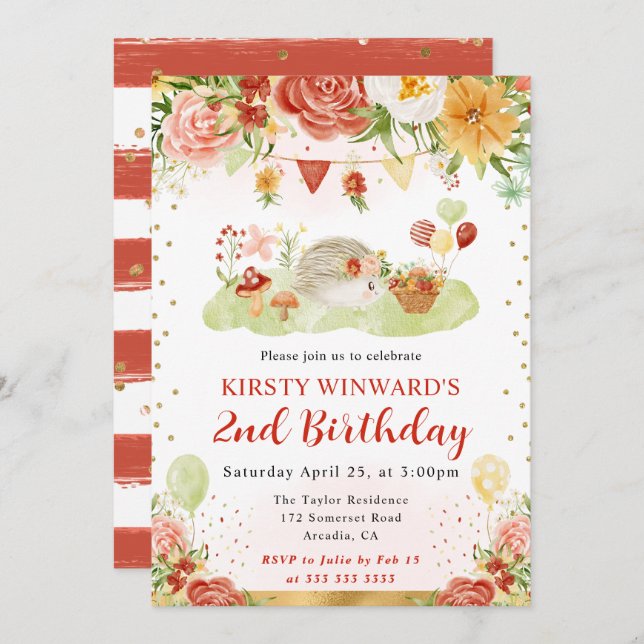 Invitación Watercolor Woodland Hedgehog Kids Cumpleaños (Anverso / Reverso)