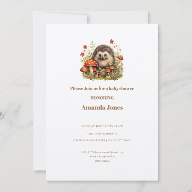 Invitación Watercolor Woodland Hedgehog Mushrooms Baby Shower (Anverso)