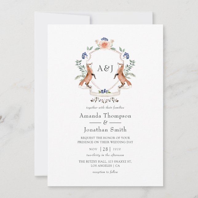 Invitación Watercolor Woodland Laurel Escudo Monograma Boda (Anverso)
