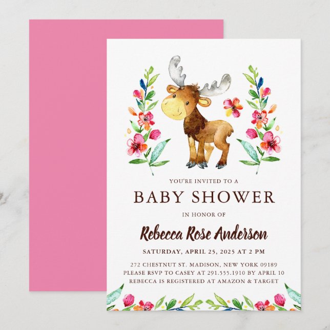 Invitación Watercolor Woodland Moose Baby Shower (Anverso / Reverso)