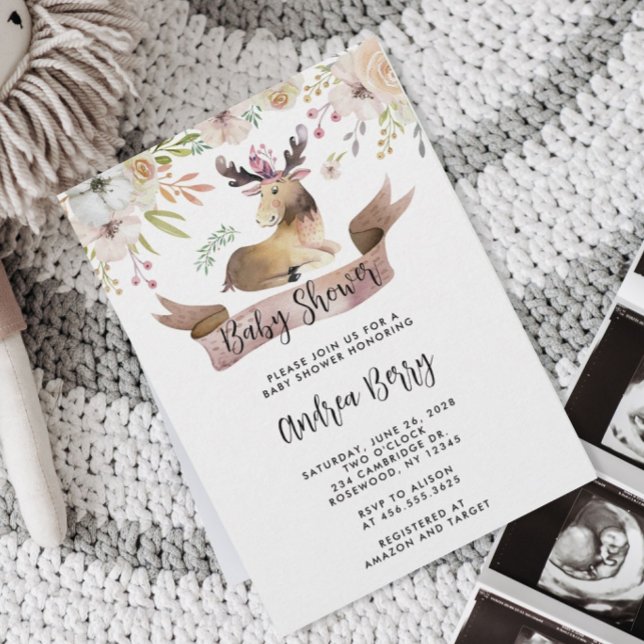 Invitación Watercolor Woodland Moose Baby Shower (Subido por el creador)