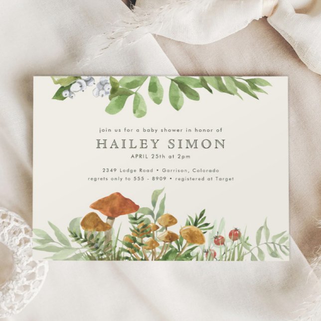 Invitación Watercolor Woodland Mushroom Greenery Baby Shower (Subido por el creador)
