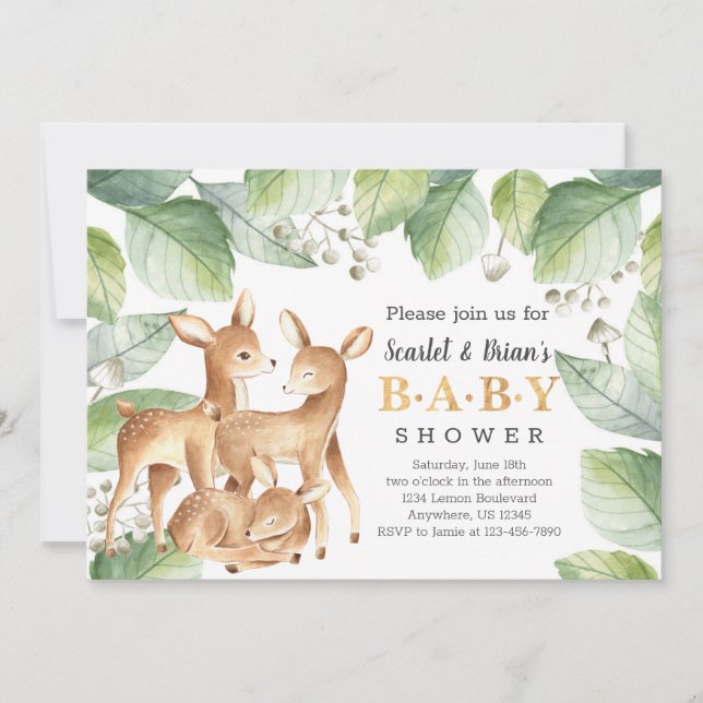 Invitación Watercolor Woodland Wild Deer Baby Shower (Anverso)