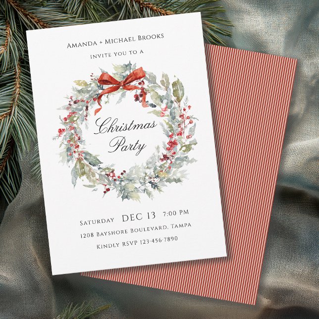 Invitación Watercolor Wreath Red Bow Christmas Party (Available in both printed and instant download digital formats.)