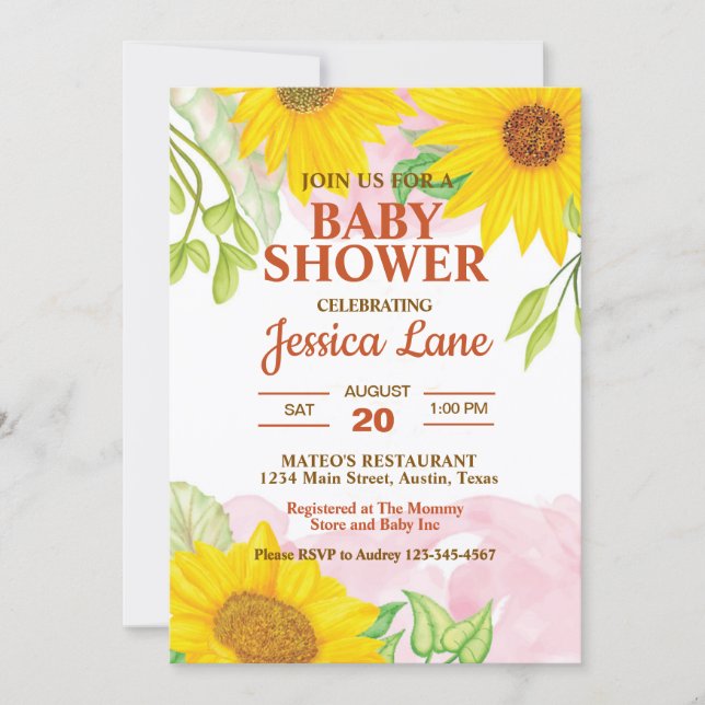 Invitación Watercolor Yellow and Brown Sunflower Baby Shower (Anverso)