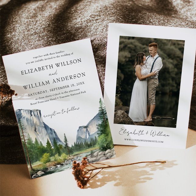 Invitación Watercolor Yosemite Foto del Boda del Parque Nacio (Watercolor Yosemite National Park Wedding Photo Invitation)