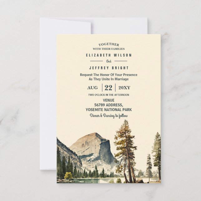 Invitación Watercolor Yosemite Parque Nacional Boda Ca US (Anverso)