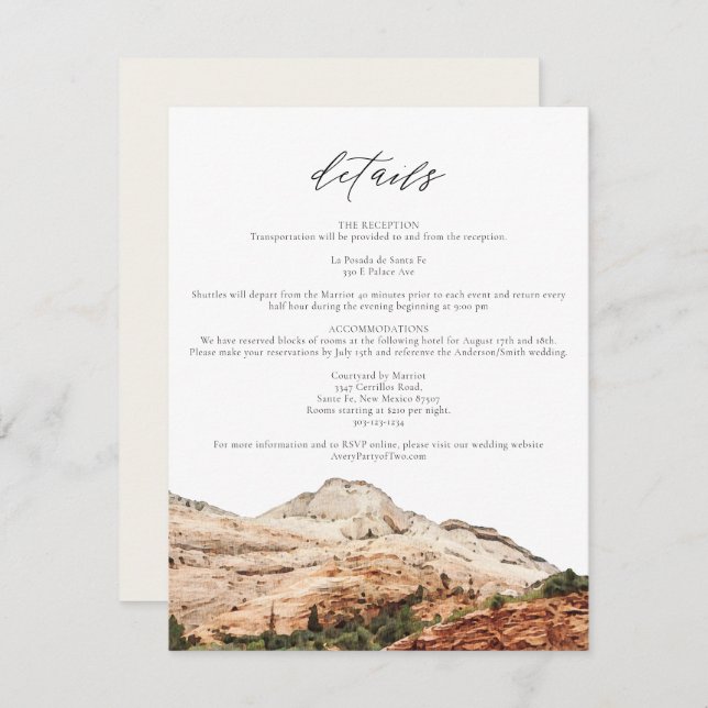 Invitación Watercolor Zion Boda del Parque Nacional Detalles  (Anverso / Reverso)