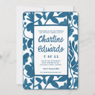 Invitación WatercolorBlue Floral Handwriting Moderno Boda