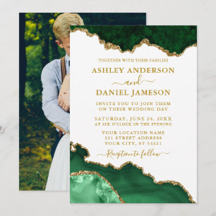 Invitación Watercolorcolor Green White Gold Geode Foto