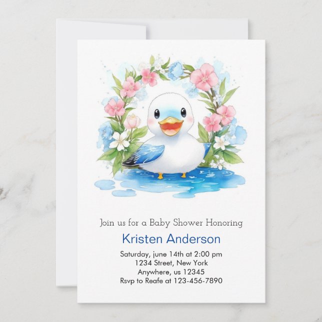 Invitación Watercolorear encantado Duck Boy Baby Shower (Anverso)