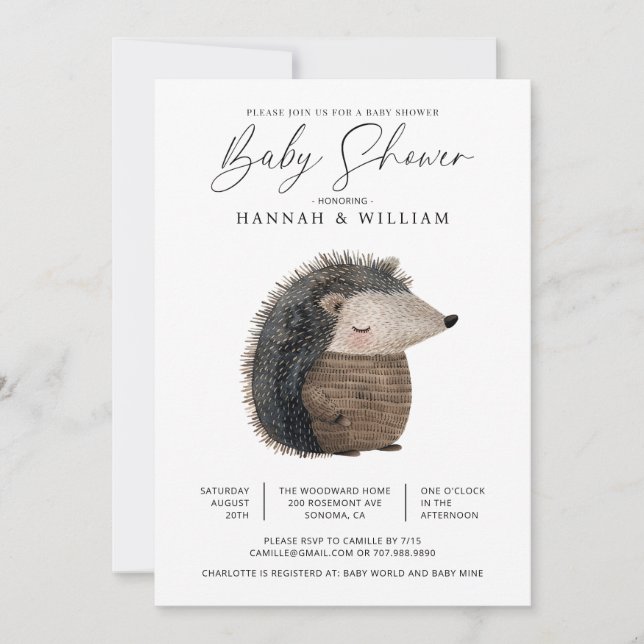 Invitación WatercolorWoodland Animal Hedgehog Baby Shower (Anverso)