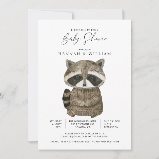 Invitación WatercolorWoodland Animal Raccoon Baby Shower (Anverso)