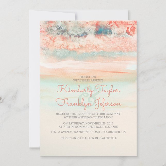 Invitación Watercolour Beach Wedding Azul rosado (Anverso)
