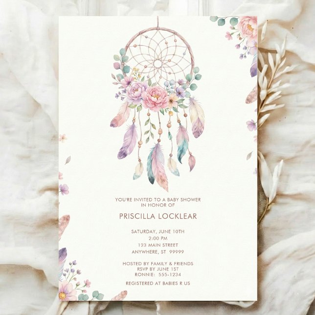 Invitación watercolour Boho flower Dreamcatcher Baby Shower (Subido por el creador)